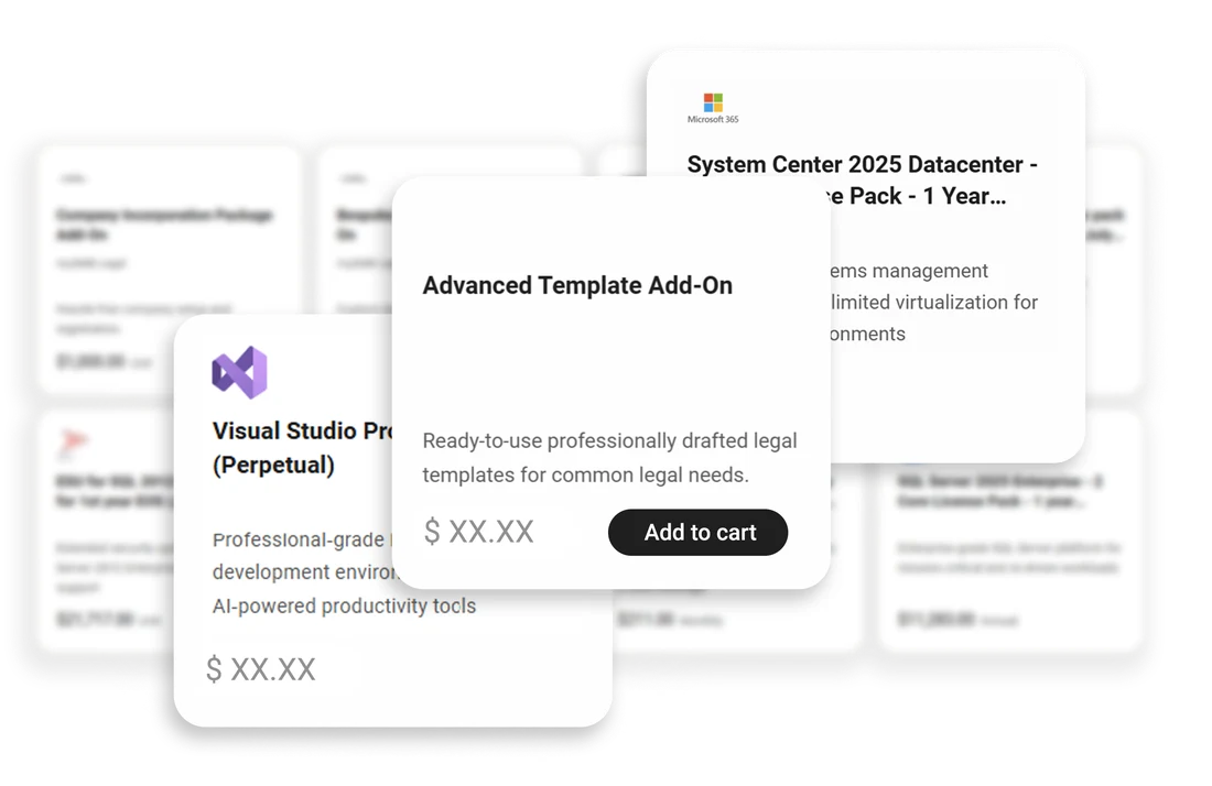 Marketplace product cards for legal templates, software licences and add-ons